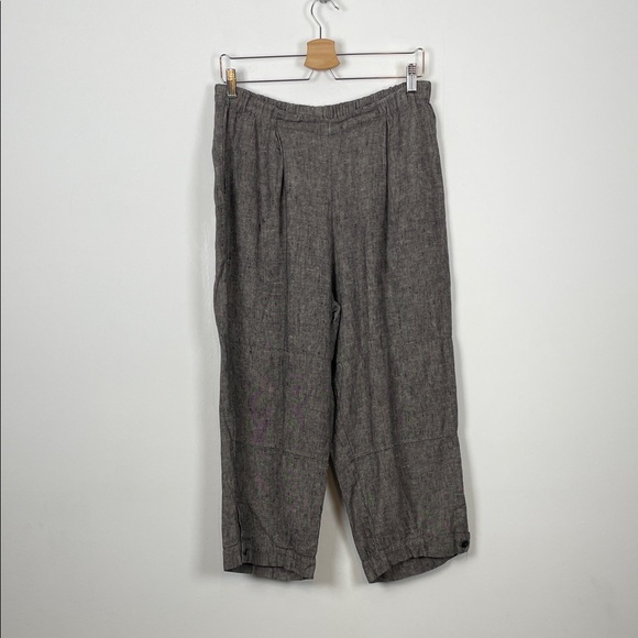 Flax Linen Wide Leg Button Ankle 2 Pocket Lagenlook Women' S Black Causal Pants - Picture 1 of 9